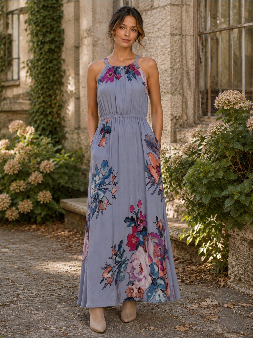 Leifsdottir Anthropologie 100% Silk Floral Maxi Dress 2P Blue Gray Tie Back